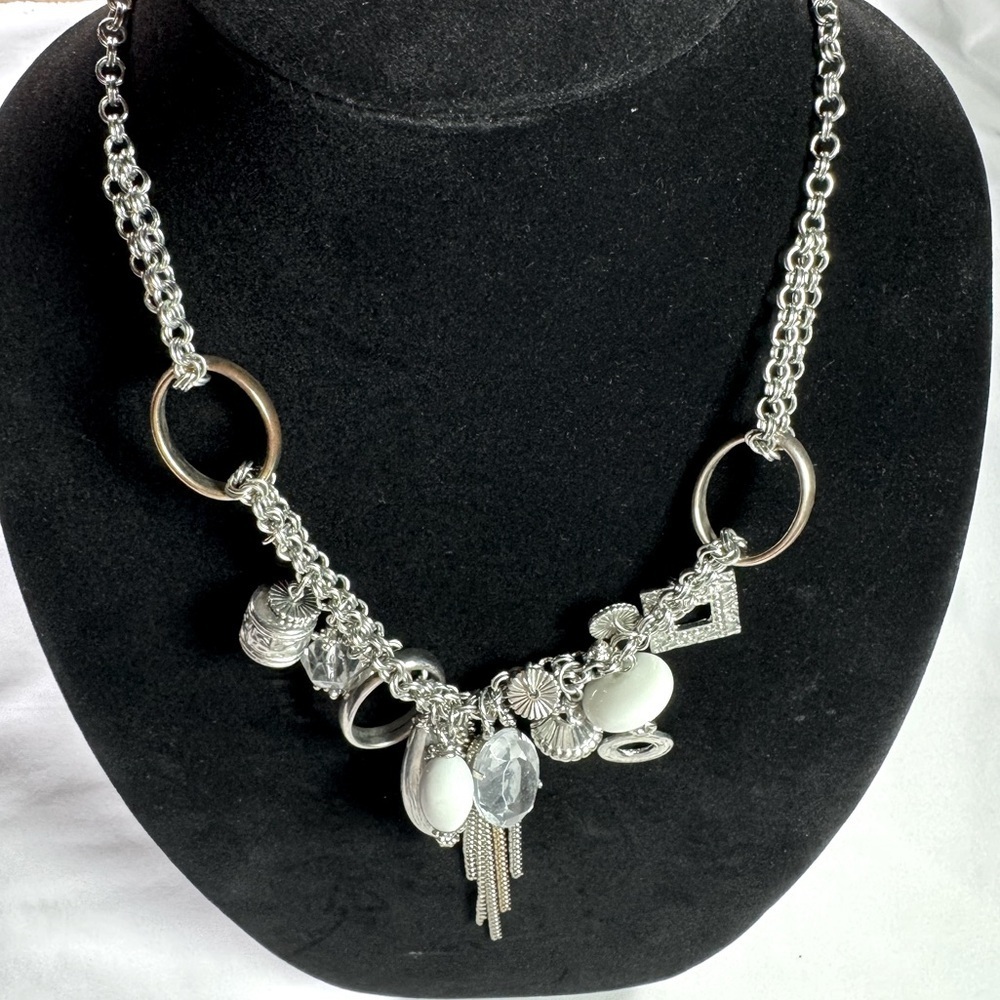 Vintage Charm Necklace with Beads Chains Gemstones & Brass Rings Statement